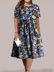 Floral Print Short Sleeve Round Neck Pleated Dress With Pockets