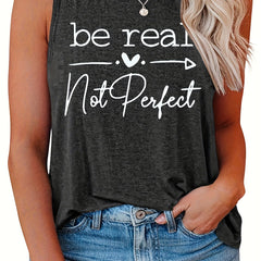 Casual Tank Top Women's Plus Slogan Print Round Neck Tank