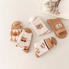 5 Pairs Cartoon Bear Print Socks, Women's Mid Tube Stockings