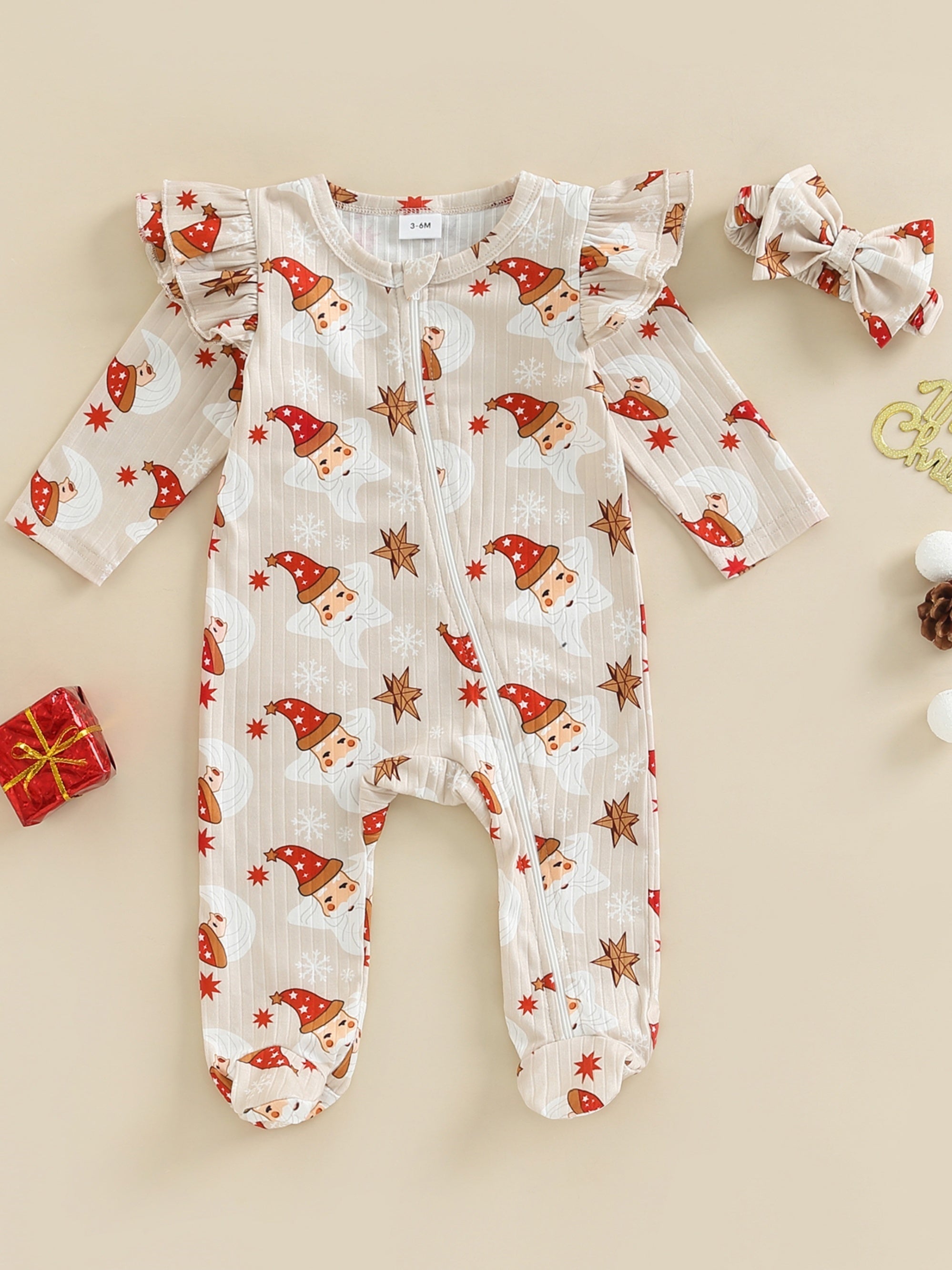 Christmas Baby Girls Hat Print Jumpsuit Set