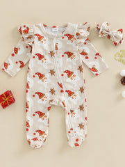 Christmas Baby Girls Hat Print Jumpsuit Set