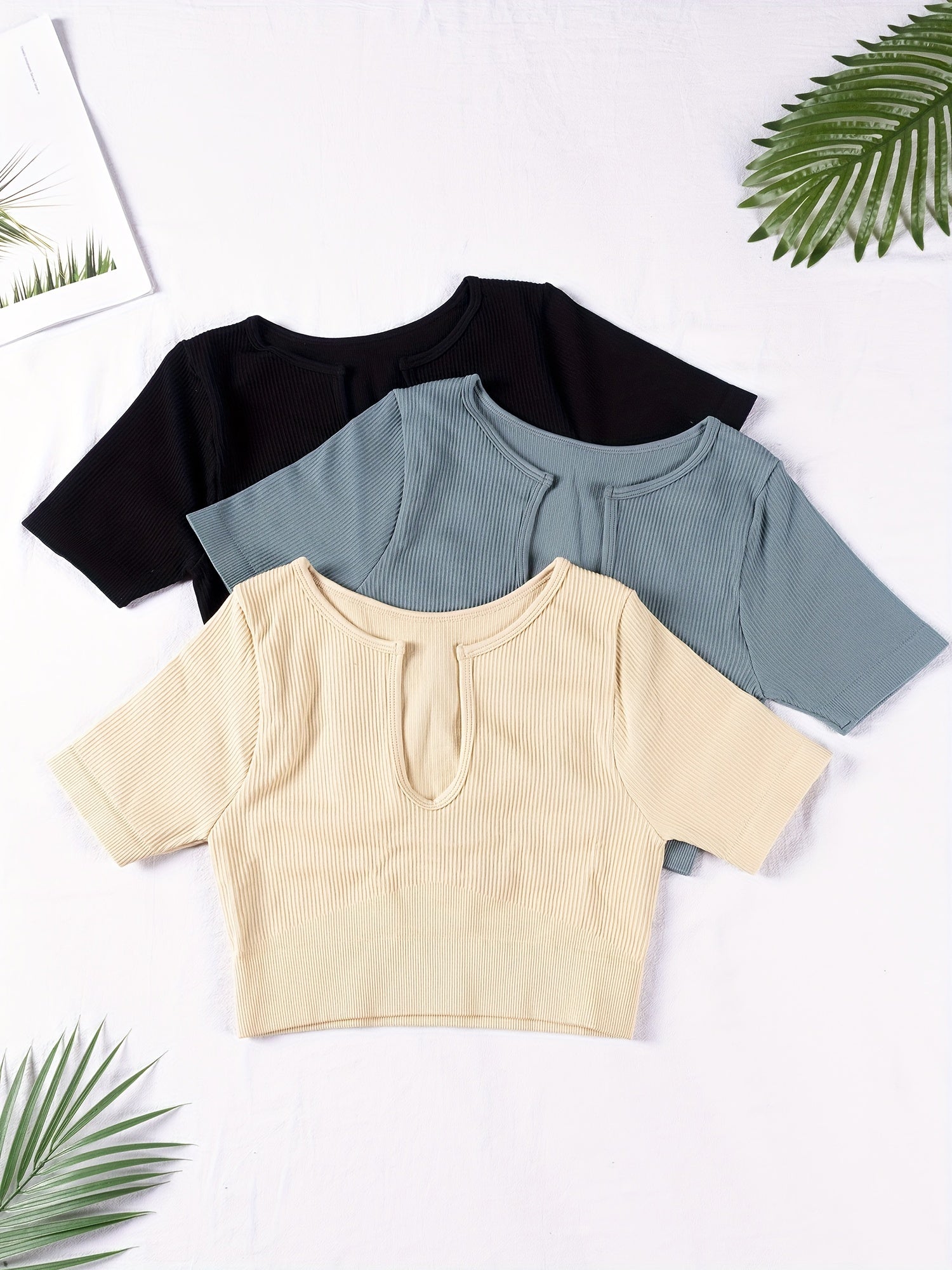 3 Pcs Solid Notched Neck Ribbed Yoga T-shirts Short Sleeve Crop Top