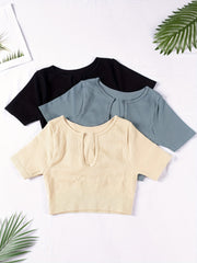3 Pcs Solid Notched Neck Ribbed Yoga T-shirts Short Sleeve Crop Top