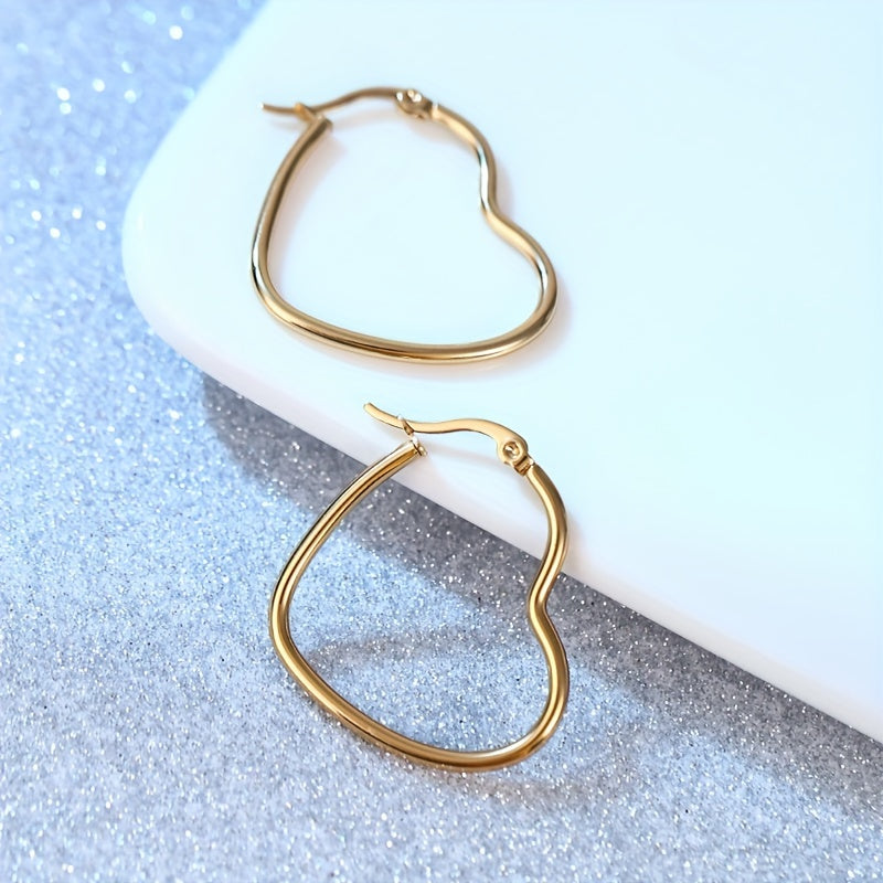 4Pairs Set Y2K Style 18K Golden Plated Heart Hoop Earrings - 4 Sizes