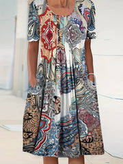 Floral Print Short Sleeve Round Neck Dress With Pockets