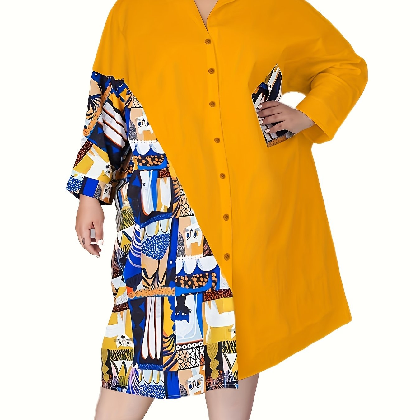 Colorblock Print Long Sleeve Button Up Shirt Dress