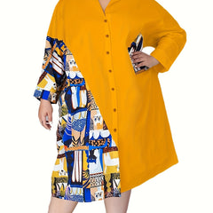 Colorblock Print Long Sleeve Button Up Shirt Dress