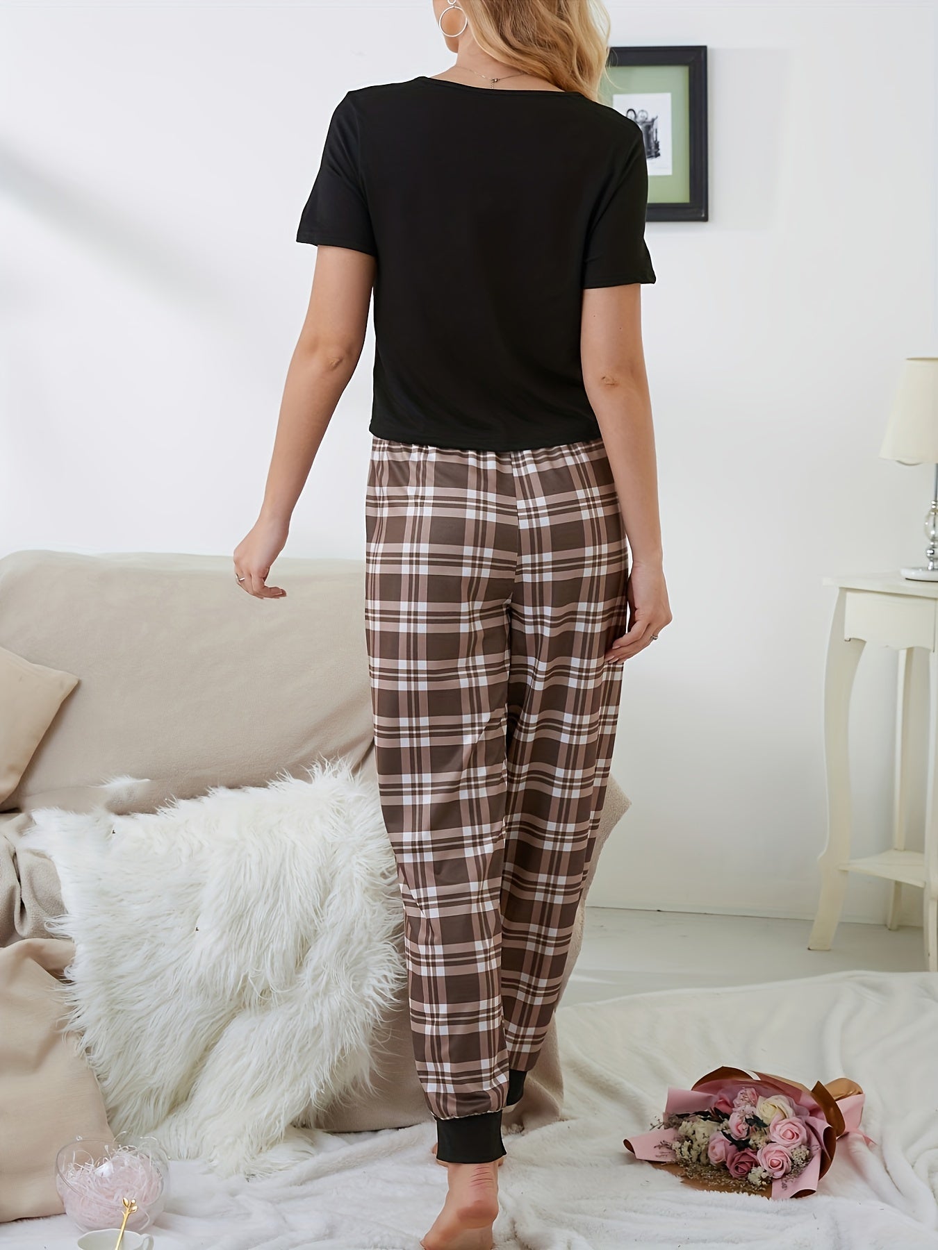 Coffee Print Pajamas Set Short Sleeve Tee Top And Pants Pj Set