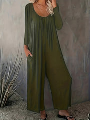Solid Long Sleeve Wide Leg Jumpsuit With Pockets