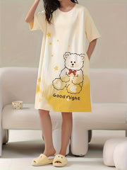 Bear Print Nightdress Crew Neck Short Sleeve Sleep Dress Women's Sleepwear