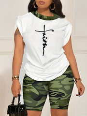 Letter Print Tee & Full Printed Shorts Set Women's Outfit