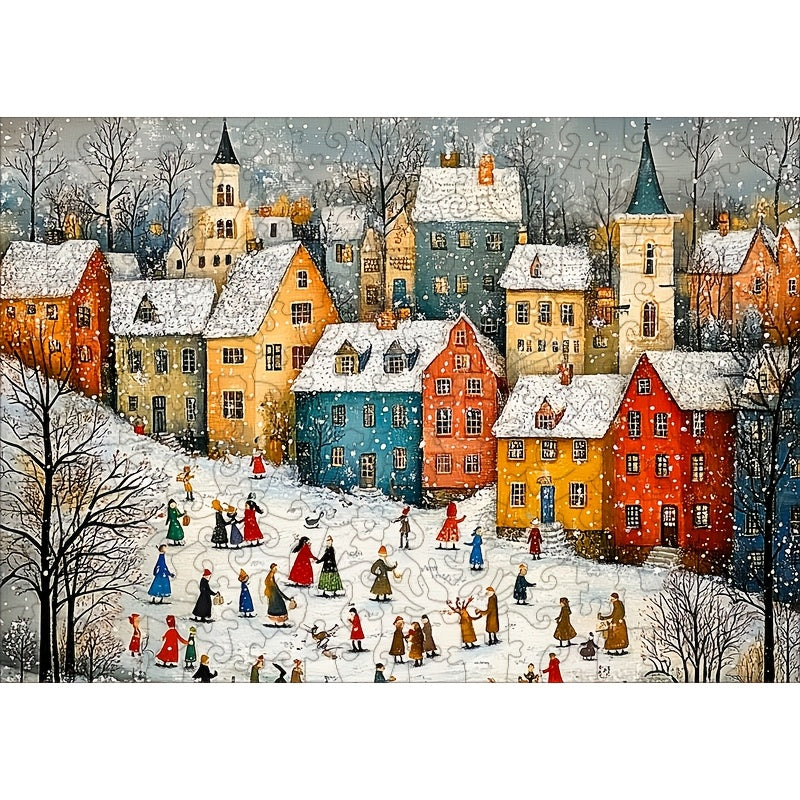Colorful Winter Village Scene Wooden Jigsaw Puzzle Animal Shapes