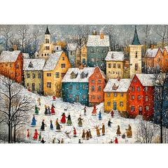 Colorful Winter Village Scene Wooden Jigsaw Puzzle Animal Shapes
