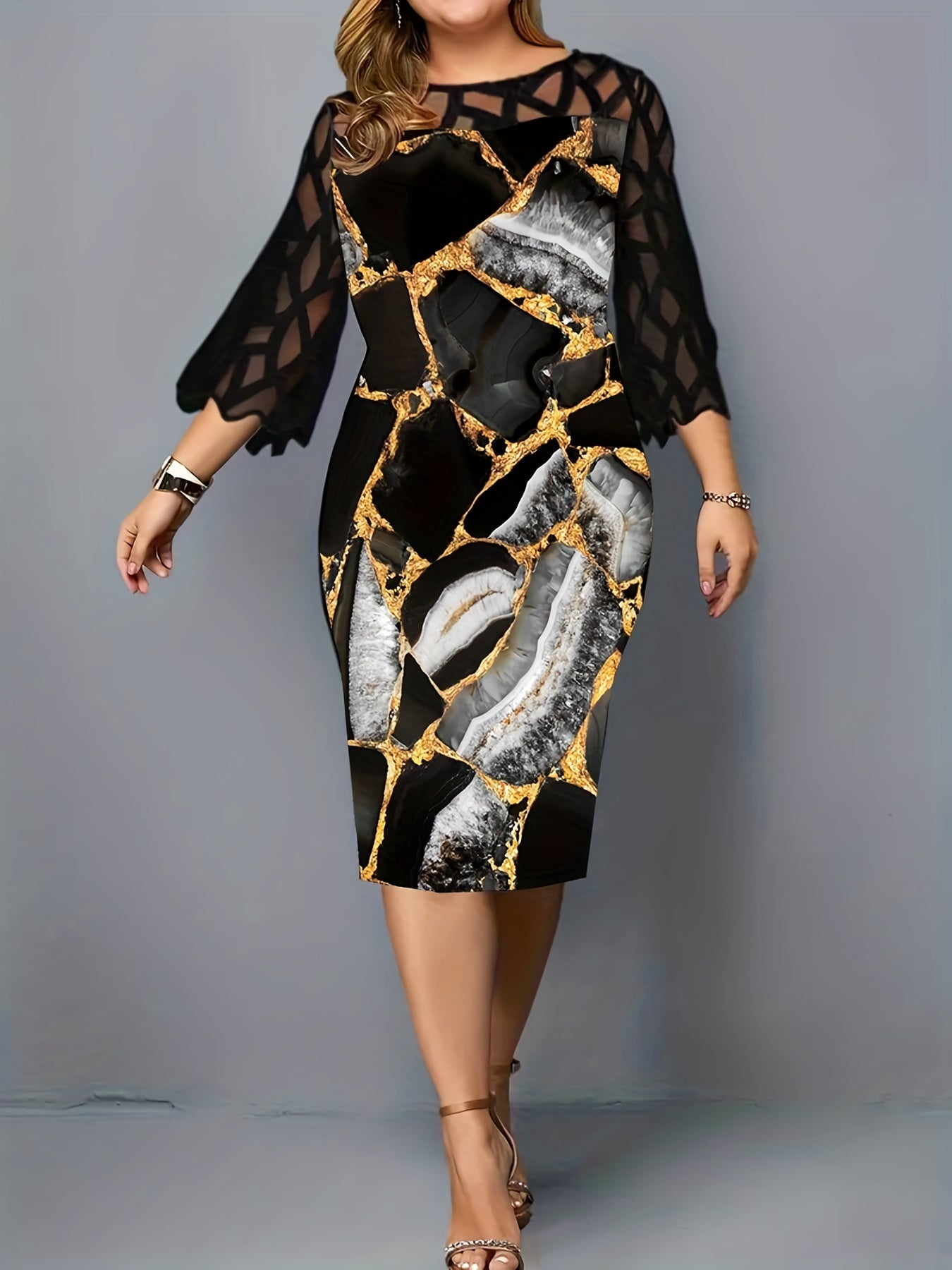 Stripe Print Lace Panel Sleeve Dress