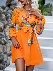 Floral Print Surplice Neck Dress Lantern Sleeve Dress
