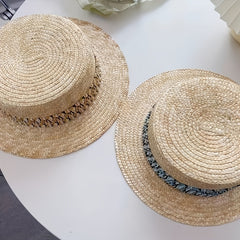 Wheat Straw Flat Top Straw Hat Men Women Vacation Floral Patched Top Hat