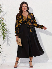 Colorblock Floral Print Surplice Neck Dress