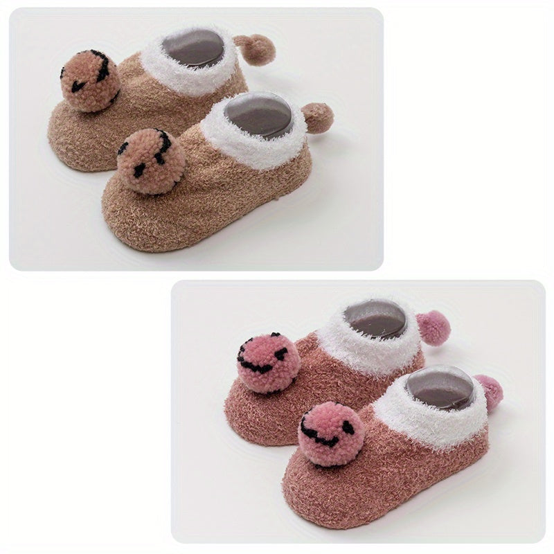 2 Pairs Baby Girls Fleece Warm Socks Cartoon Pattern Anti-Skid Toddlers Socks