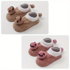 2 Pairs Baby Girls Fleece Warm Socks Cartoon Pattern Anti-Skid Toddlers Socks