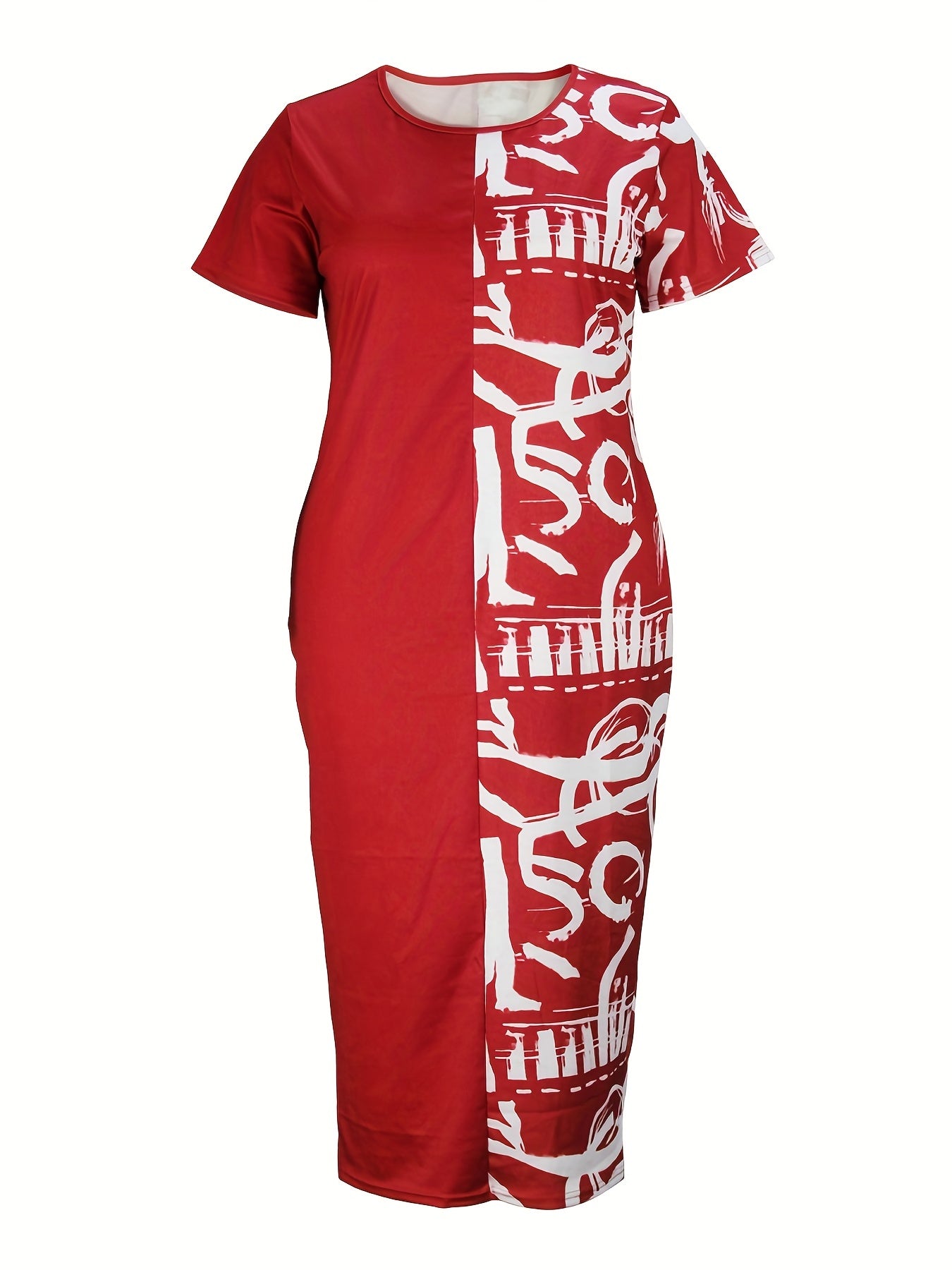 Colorblock Letter Print Slim Fit Round Neck Dress