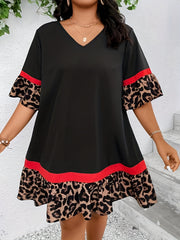 Plus Size Colorblock Leopard Print Ruffle Trim Bell Sleeve Loose Dress