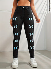 Butterfly Print Skinny Jeans Y2K Denim Pants