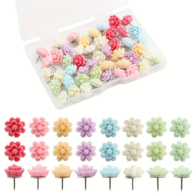 30pcs Camellia Shape Push Pins Mixed Colorful Flower Pins for Photo Wall