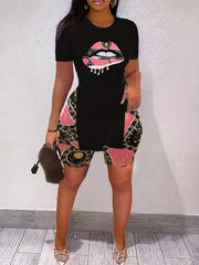 Lips Print T Shirt & Yoga Shorts 2pcs Set for Women