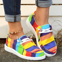 Striped Print Canvas Shoes Colorblock Lace Up Round Toe Casual Shoes