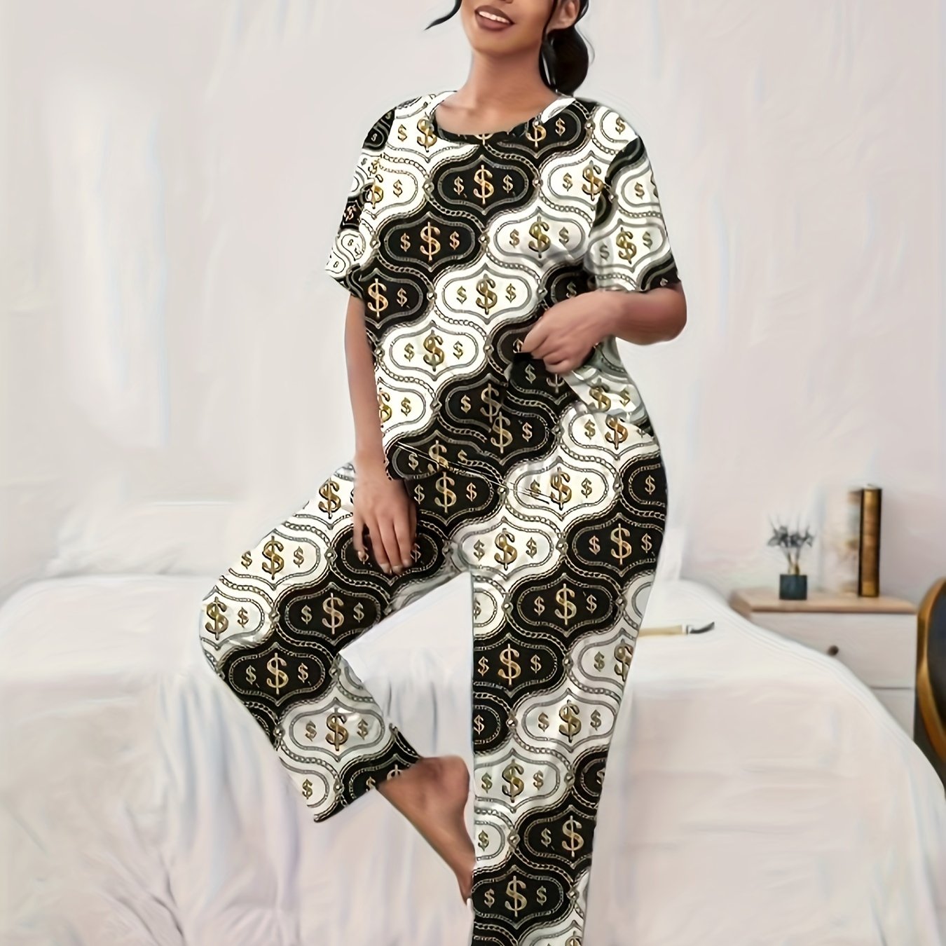 Cash Graphic Pajama Set Women's Short Sleeve Tshirt & Pants Loungewear