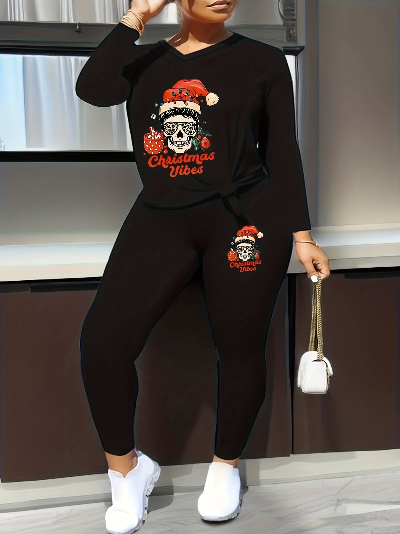 Christmas 2 Piece Set Women's Plus V Neck Top & Leggings Outfits