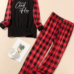 Slogan Plaid Raglan Tee & Pants Lounge Set