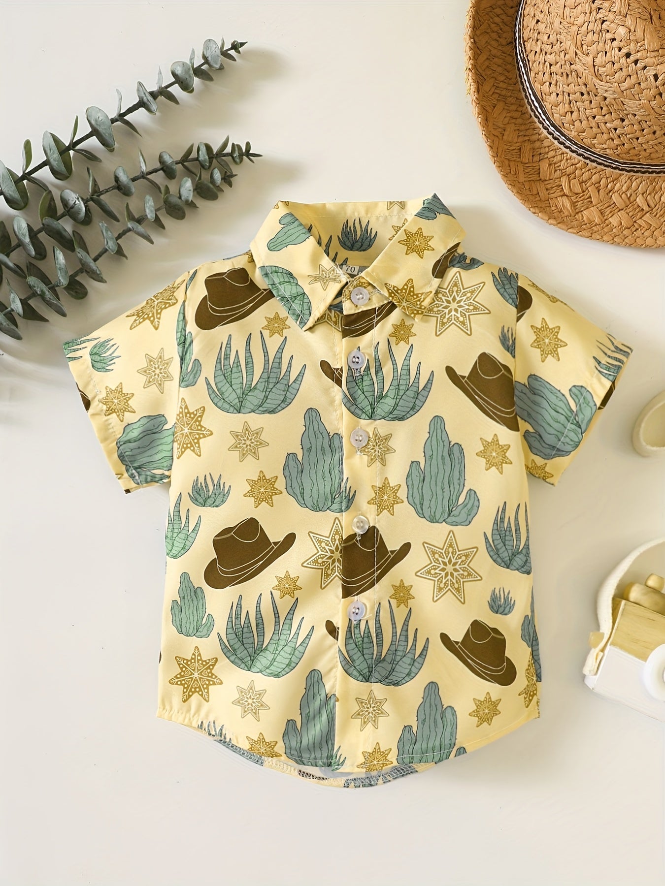 Western Desert & Hats Print Button Down Shirt Baby Boys Casual Tee Top
