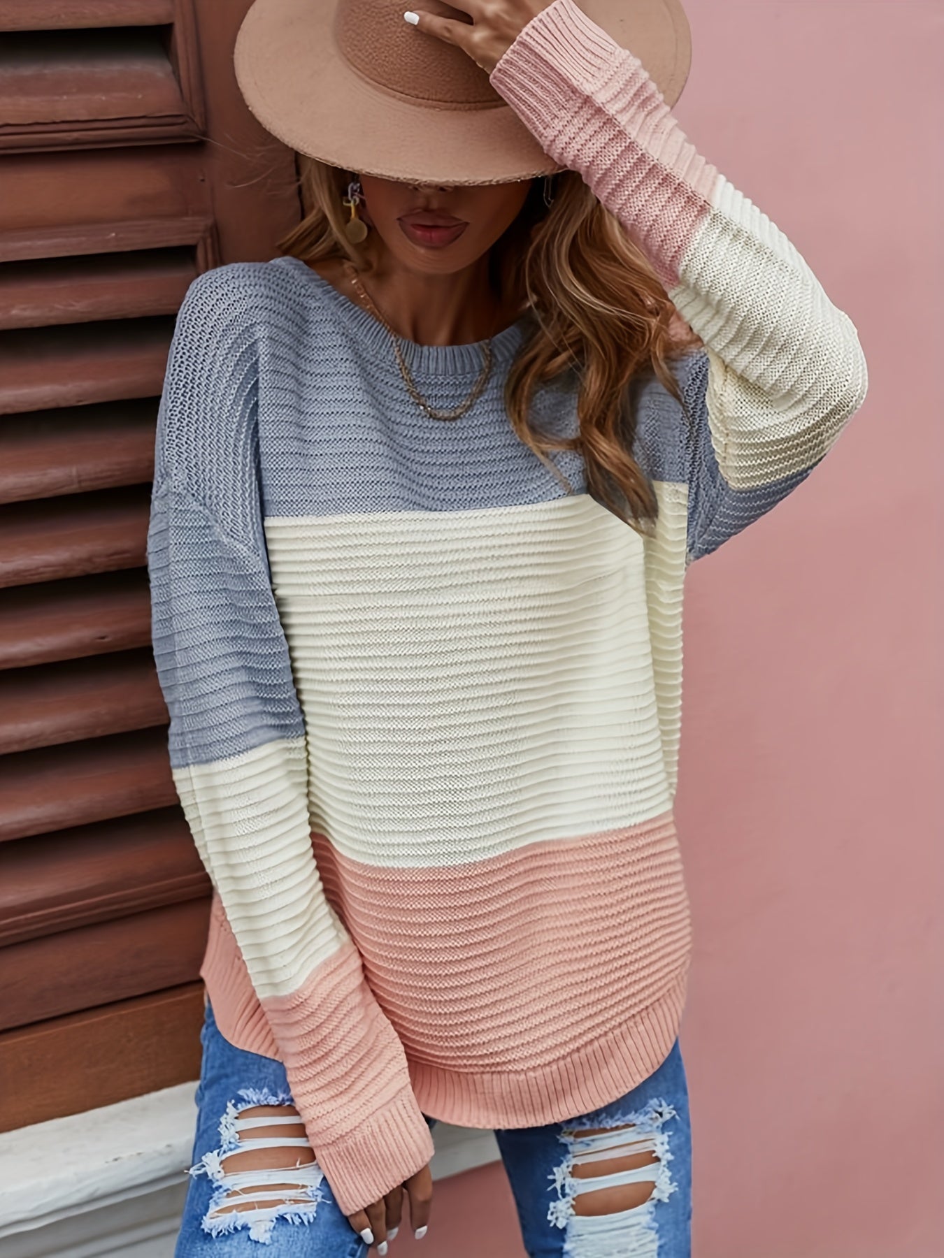 Block Knit Sweater Casual Crew Neck Long Sleeve Women's Clothing