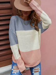 Block Knit Sweater Casual Crew Neck Long Sleeve Women's Clothing