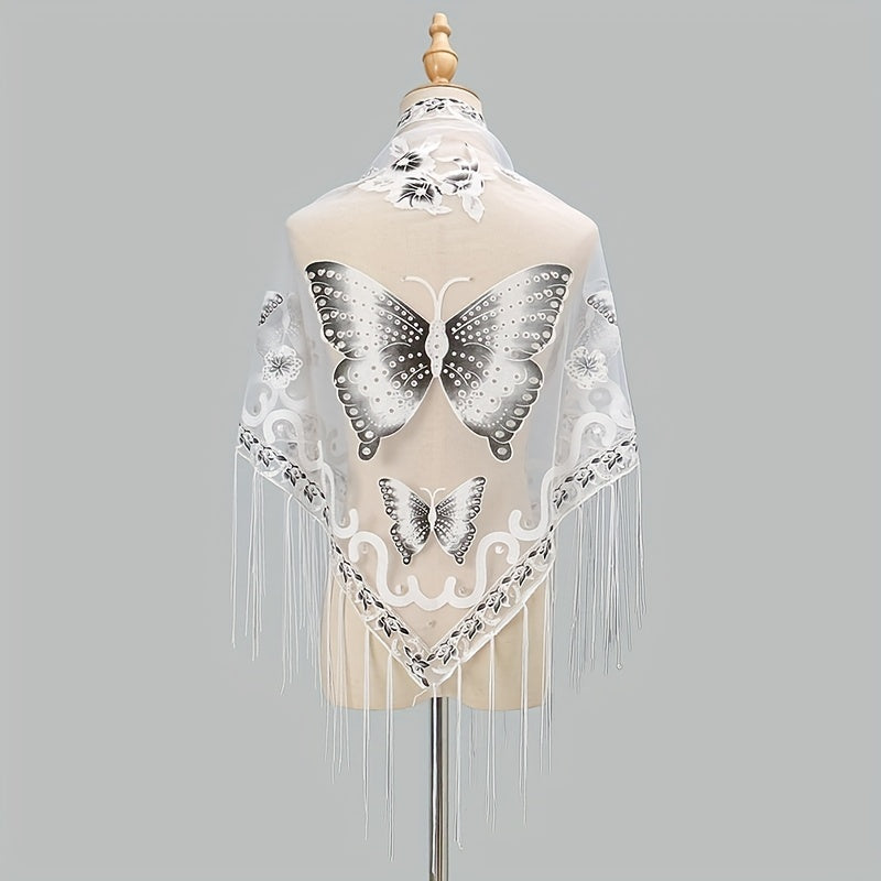 Butterfly Embroidered Tassel Shawl Triangle Scarf Lace Wrap for Party