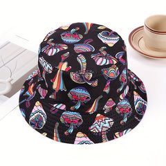 Cartoon Mushroom Print Bucket Hat Basin Hat Unisex Lightweight Fisherman Cap