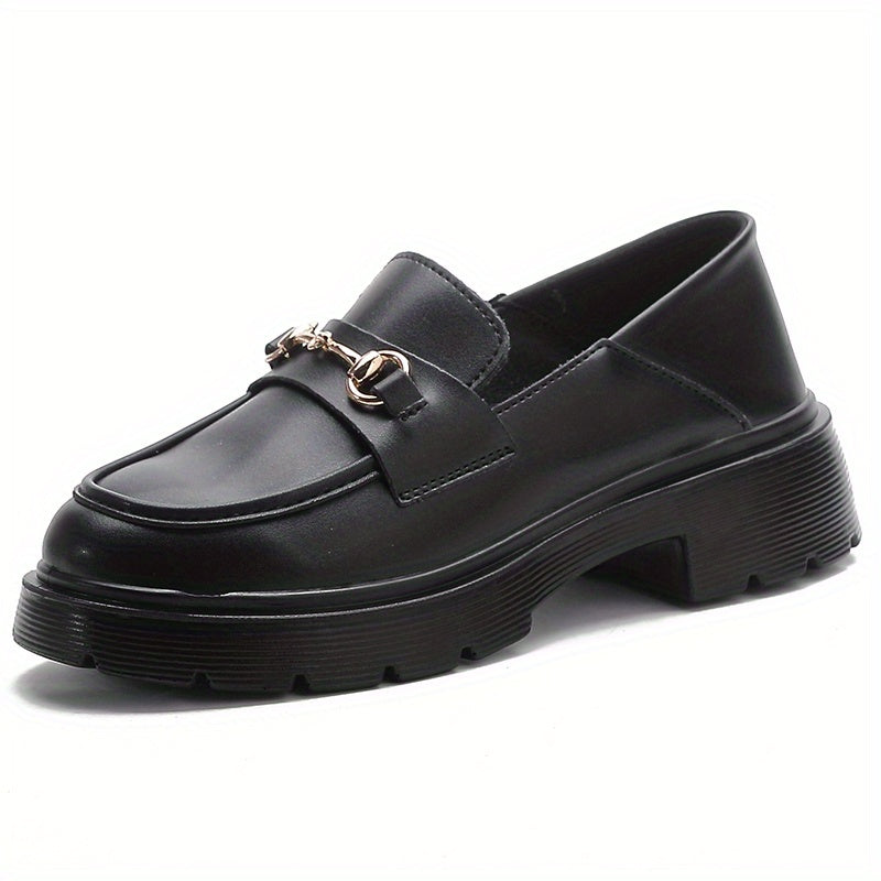 Women's Chunky Heel Loafers Buckle Round Toe Slip-On Shoes