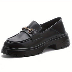 Women's Chunky Heel Loafers Buckle Round Toe Slip-On Shoes
