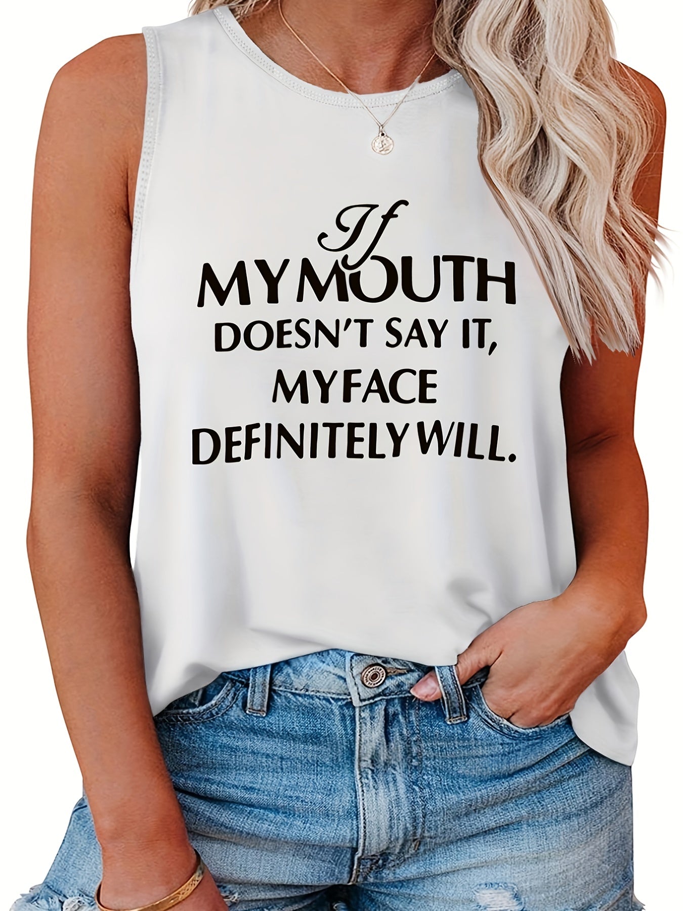 Women's Slogan Print Tank Top Round Neck Stretchy Casual Tee