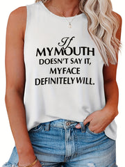 Women's Slogan Print Tank Top Round Neck Stretchy Casual Tee