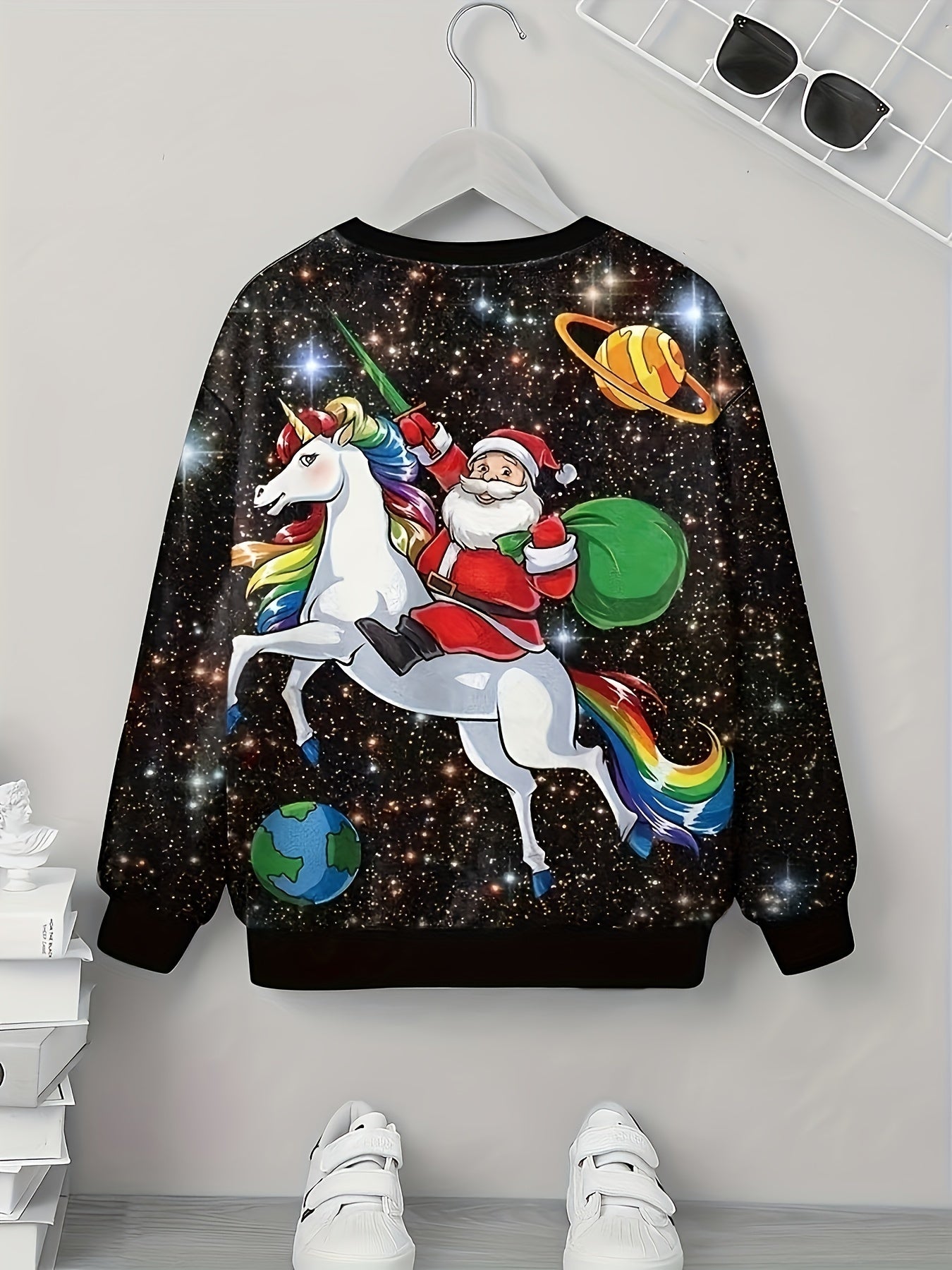 Santa Claus Riding Unicorn Print Boys Christmas Sweatshirt
