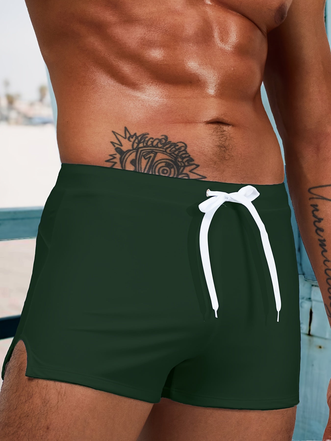 Men's Swim Boxers Solid Swimsuit Shorts Pants With Drawstring