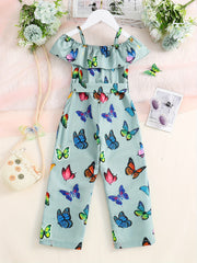 Girls Ruffled Romper Butterfly Graphic Jumpsuit