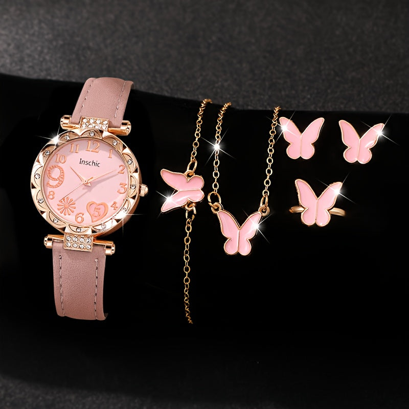 6pcs Pink Quartz Watch & Butterfly Accessory Set