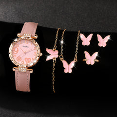 6pcs Pink Quartz Watch & Butterfly Accessory Set