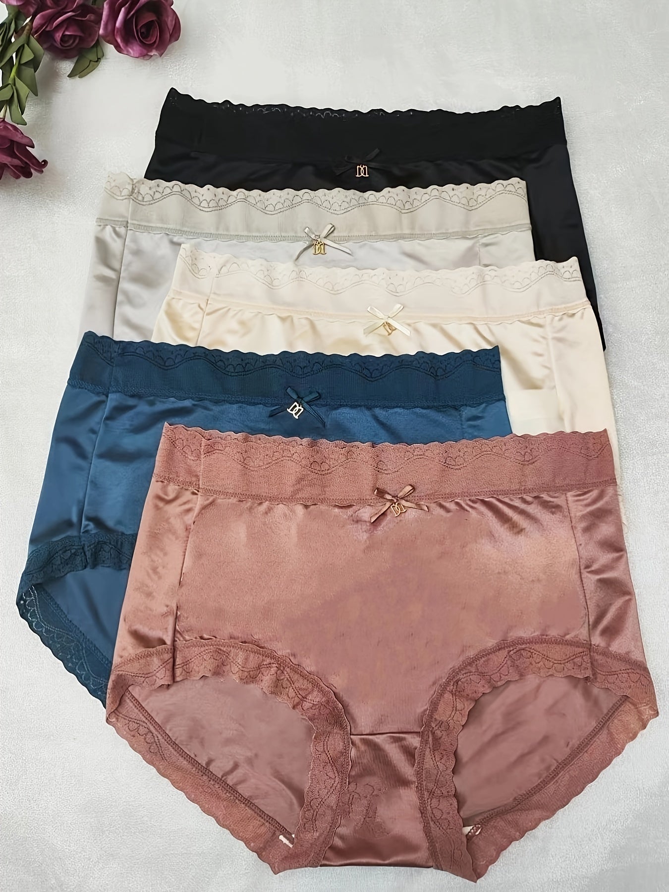 5 Pack Plus Size Sexy Panties Set Women's Plus Lace Trim Satin Panties