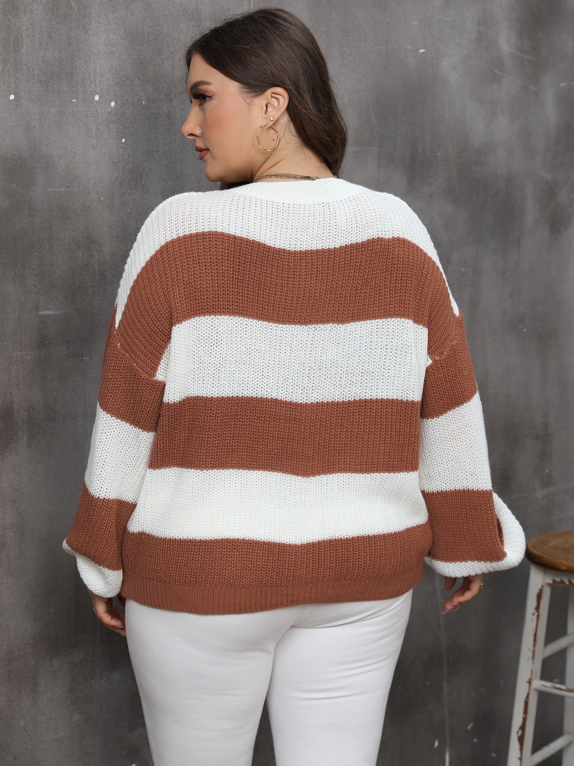 Casual Sweater Women's Plus Stripe Print Drop Shoulder Lantern Sleeve