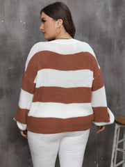 Casual Sweater Women's Plus Stripe Print Drop Shoulder Lantern Sleeve