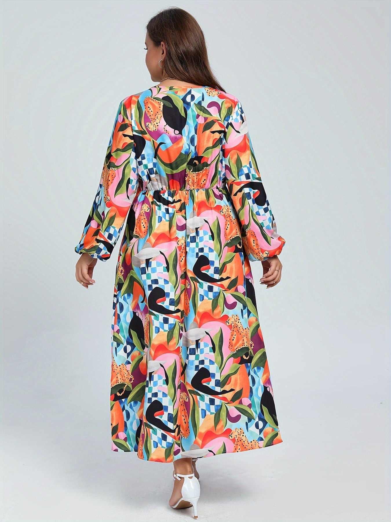 Women's Plus Floral & Geo Print Lantern Sleeve V Neck Maxi Dress